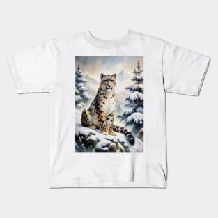 A Proud Snow Leopard Went Hunting, in the Snowy forest, Hight Mountains, Snow Falling, Winter Landscape, Wildlife White Panthera, Watercolor Realistic Illustration, Art, Portrait, Poster, Shirt, Christmas Holiday, Birthday gifts, Hunting lover Kids T-Shirt